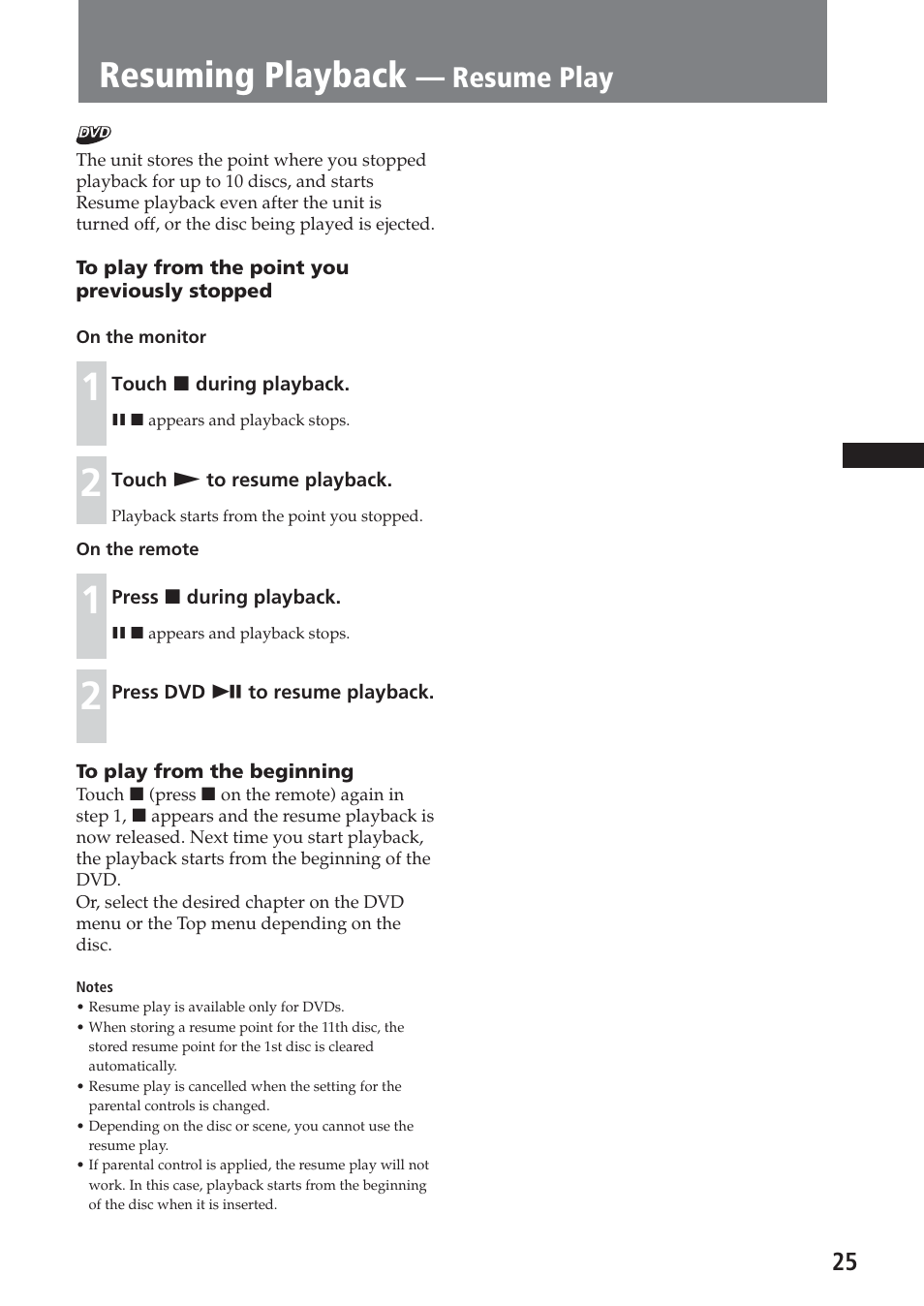 Resuming playback — resume play, Resuming playback, Resume play | Sony XAV-A1 User Manual | Page 25 / 184