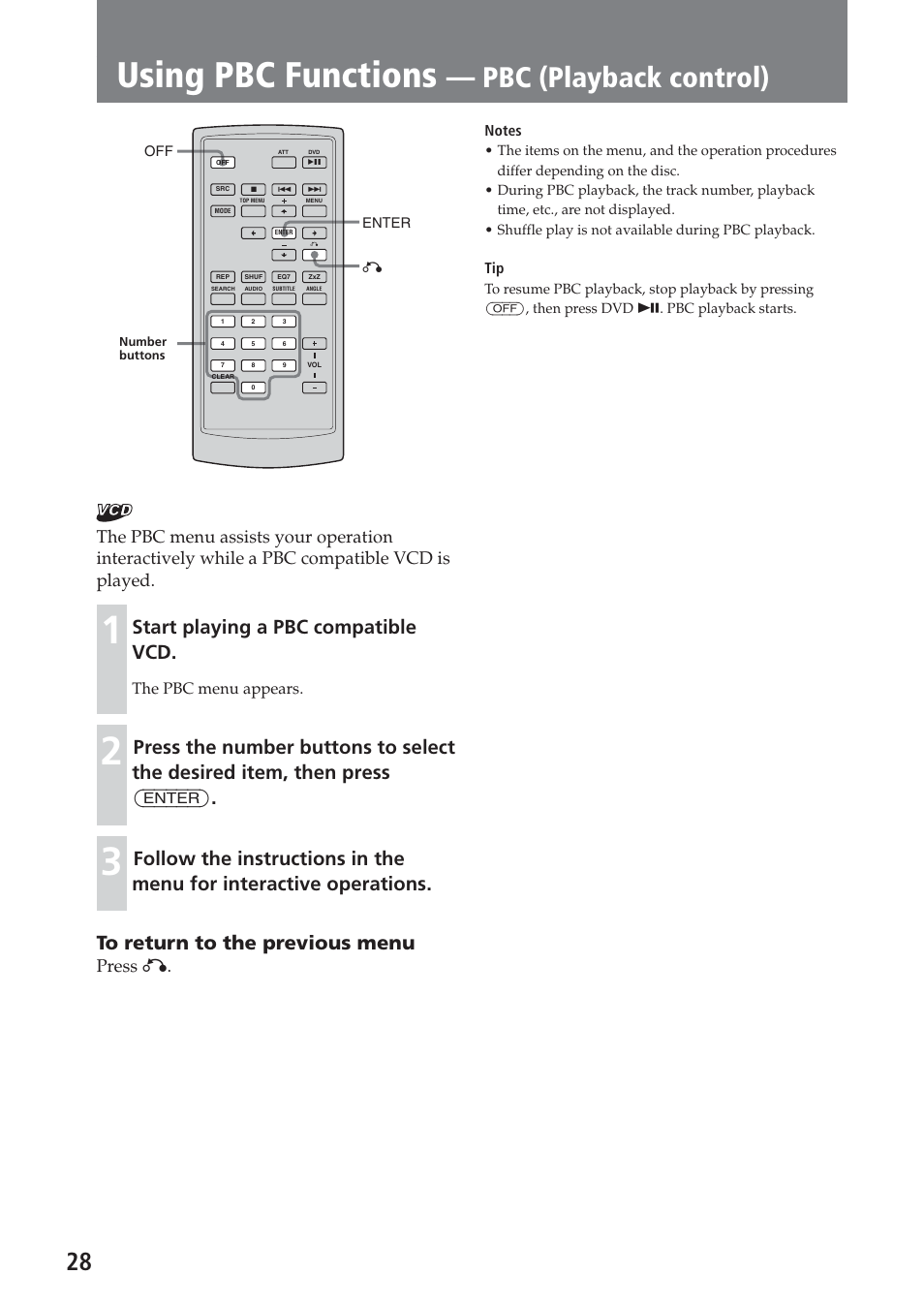 Using pbc functions — pbc (playback control), Using pbc functions, Pbc (playback control) | Start playing a pbc compatible vcd, Press o, The pbc menu appears | Sony XAV-A1 User Manual | Page 28 / 184