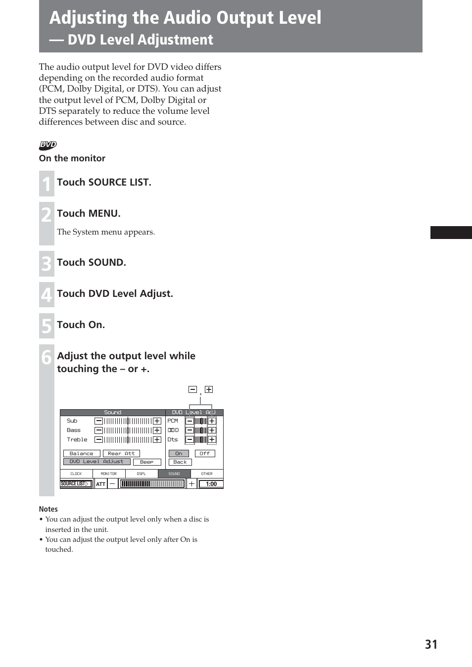 Adjusting the audio output level, Dvd level adjustment | Sony XAV-A1 User Manual | Page 31 / 184
