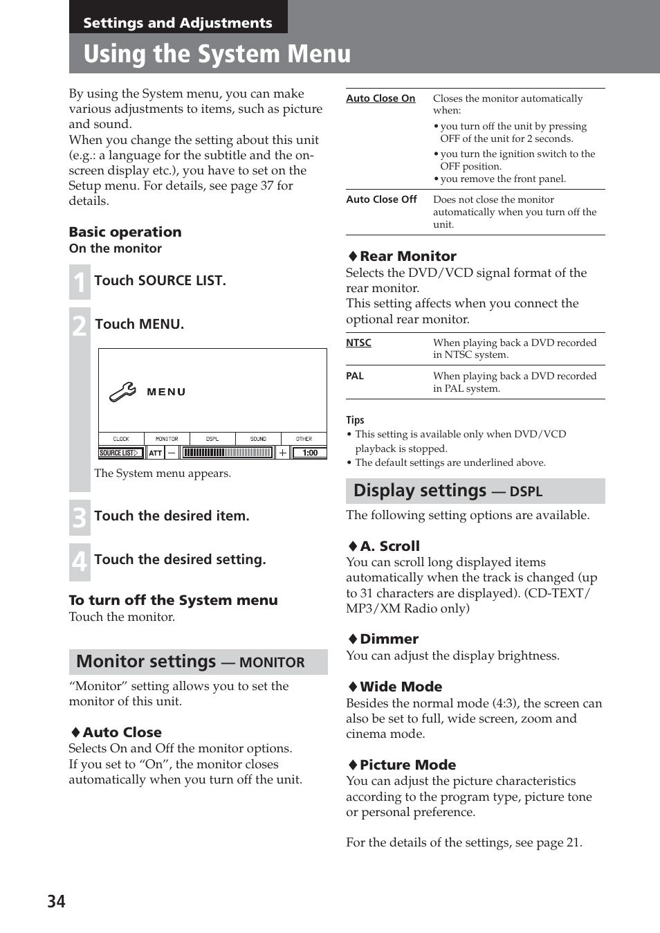 Settings and adjustments, Using the system menu, Monitor settings — monitor | Display settings — dspl, Monitor settings, Display settings | Sony XAV-A1 User Manual | Page 34 / 184