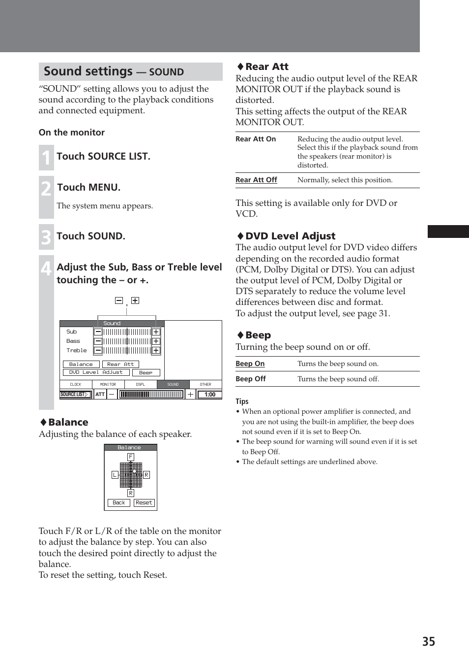 Sound settings — sound, 35 sound settings, Sound | Touch source list, Touch menu, Touch sound, Balance, Rear att, Dvd level adjust, Beep | Sony XAV-A1 User Manual | Page 35 / 184