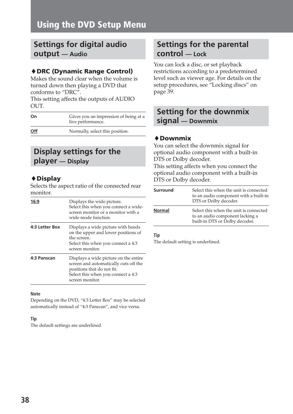 Settings for digital audio output — audio, Display settings for the player — display, Settings for the parental control — lock | Setting for the downmix signal — downmix, Using the dvd setup menu, Settings for digital audio output, Display settings for the player, Settings for the parental control, Setting for the downmix signal | Sony XAV-A1 User Manual | Page 38 / 184