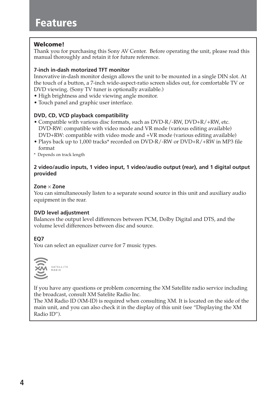 Features | Sony XAV-A1 User Manual | Page 4 / 184