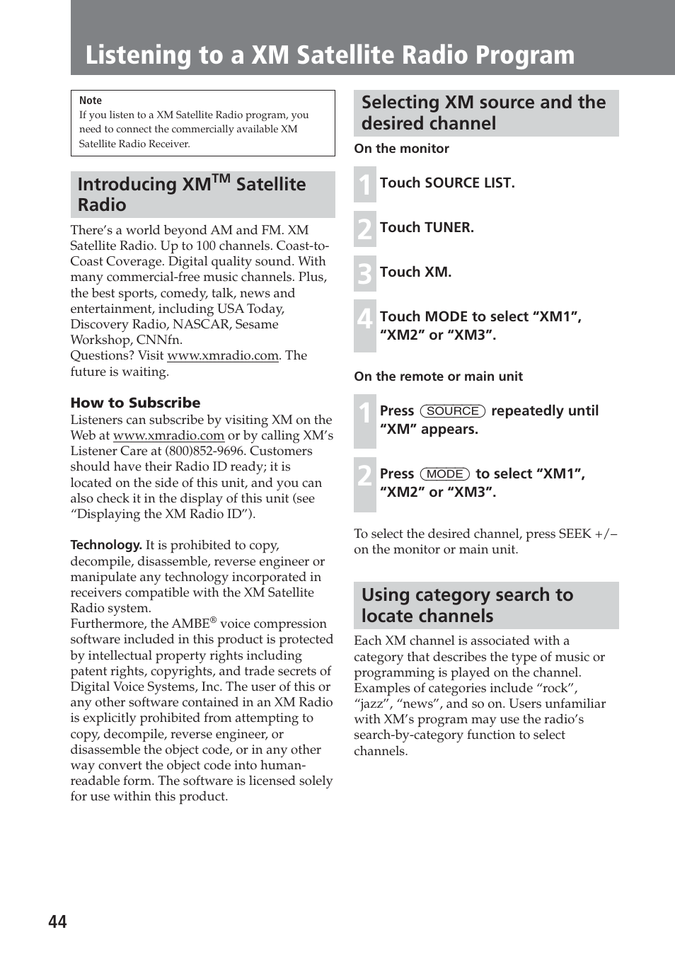 Listening to a xm satellite radio program, Introducing xm satellite radio, Selecting xm source and the desired channel | Using category search to locate channels | Sony XAV-A1 User Manual | Page 44 / 184