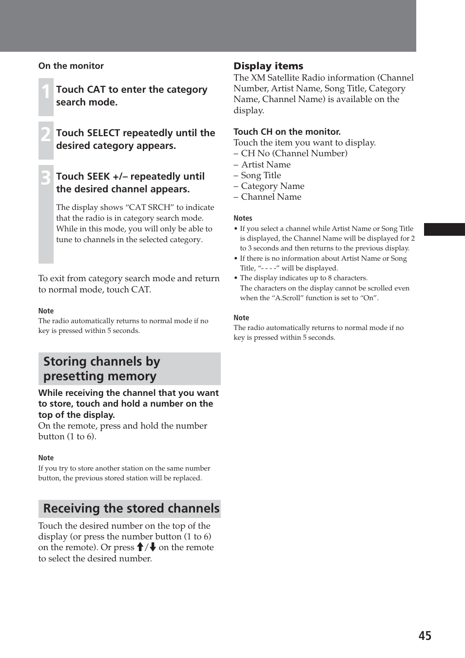 Storing channels by presetting memory, Receiving the stored channels | Sony XAV-A1 User Manual | Page 45 / 184