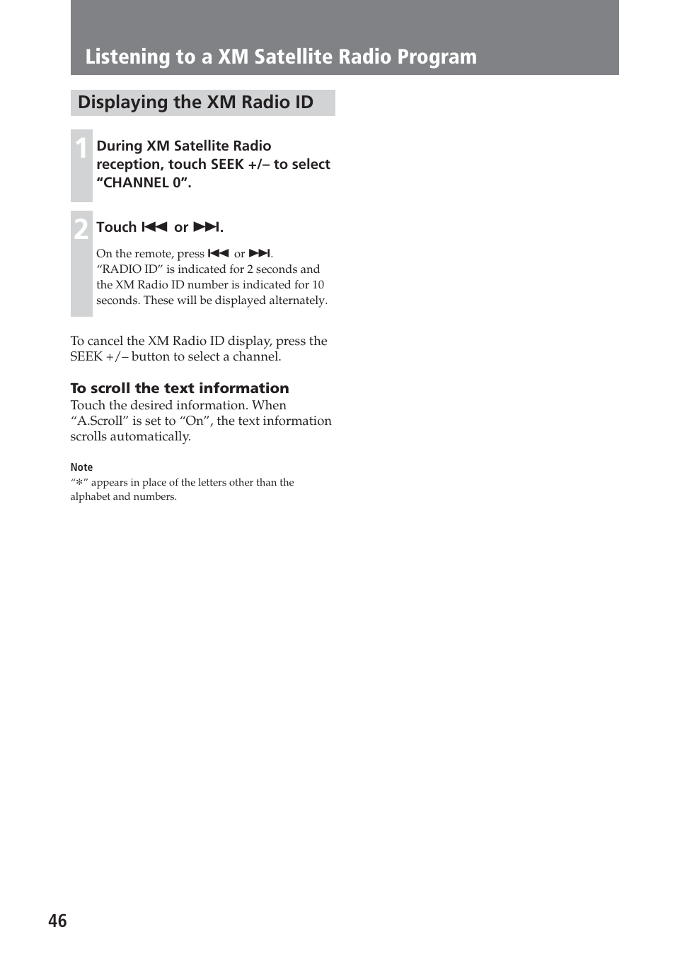 Displaying the xm radio id, Listening to a xm satellite radio program | Sony XAV-A1 User Manual | Page 46 / 184
