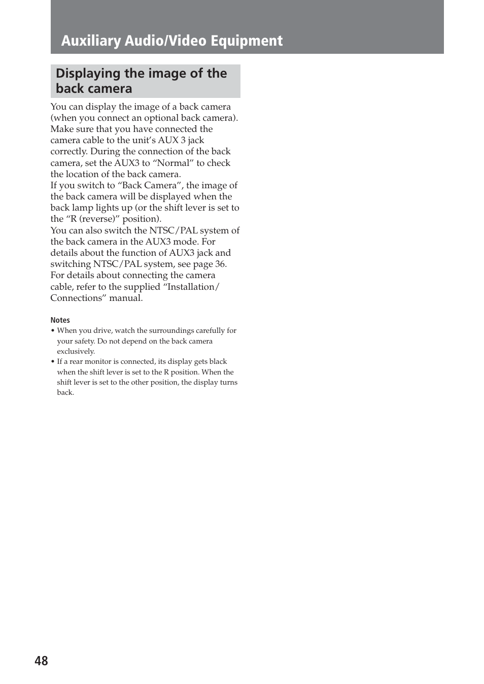 Displaying the image of the back camera, Auxiliary audio/video equipment, 48 displaying the image of the back camera | Sony XAV-A1 User Manual | Page 48 / 184