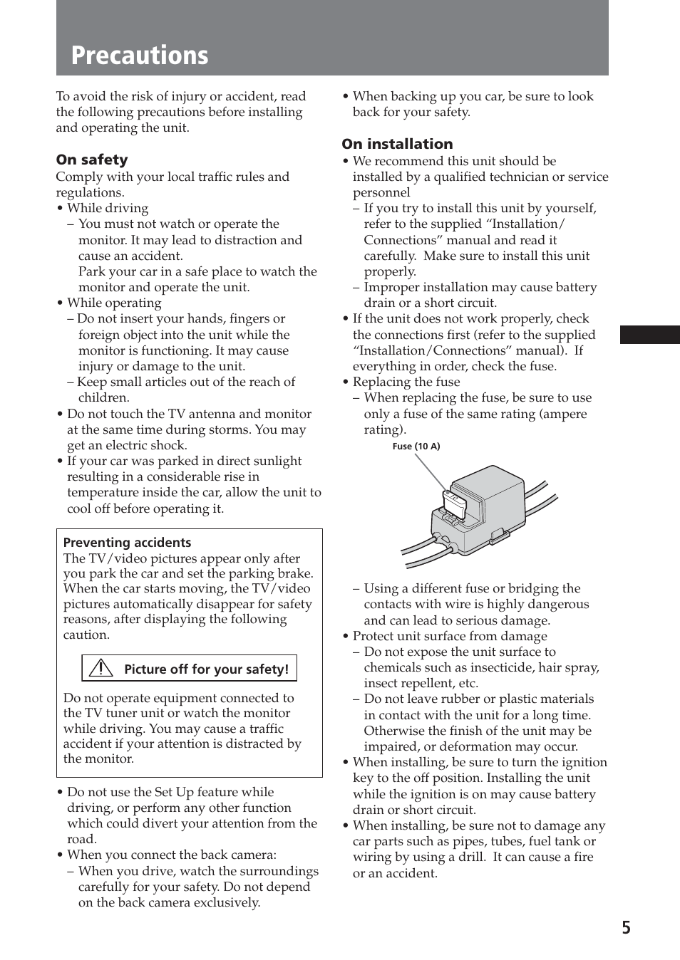 Precautions | Sony XAV-A1 User Manual | Page 5 / 184