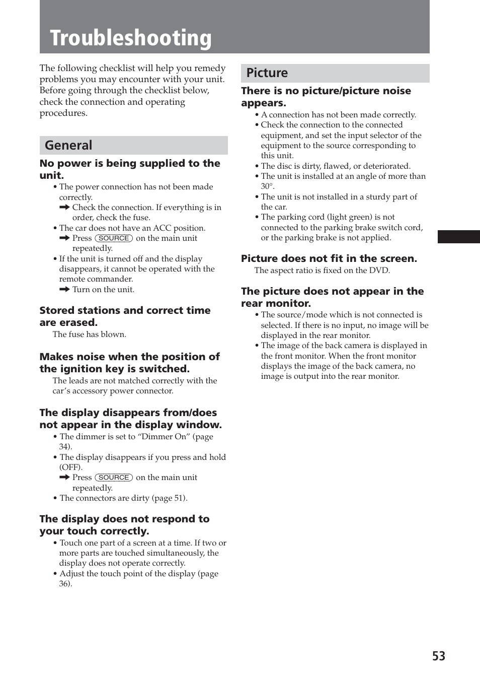 Troubleshooting, General, Picture | Sony XAV-A1 User Manual | Page 53 / 184