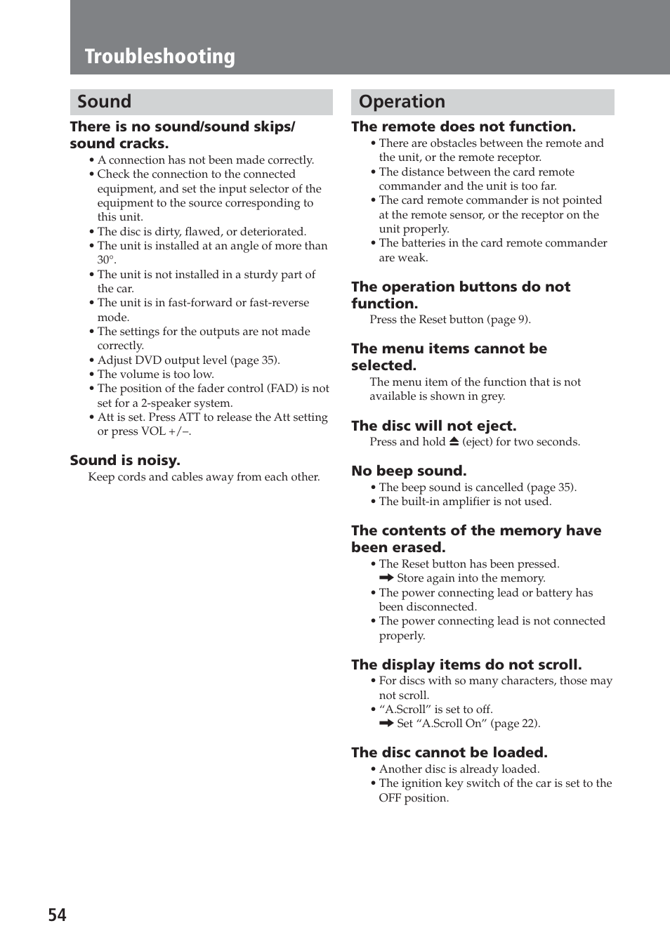 Sound, Operation, Troubleshooting | Sony XAV-A1 User Manual | Page 54 / 184