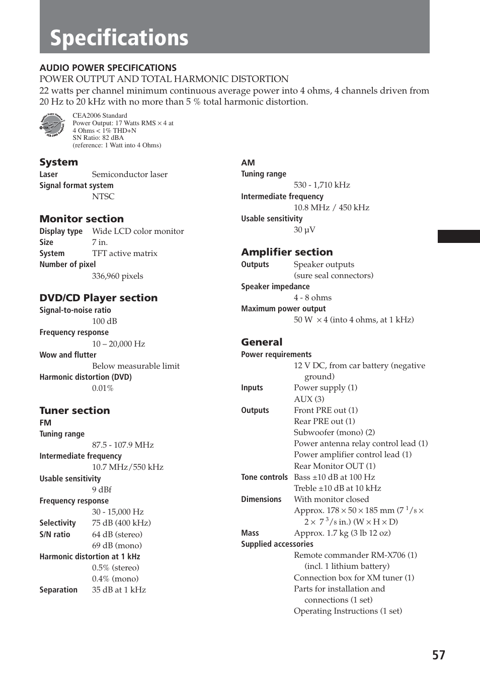 Specifications, General, System | Sony XAV-A1 User Manual | Page 57 / 184