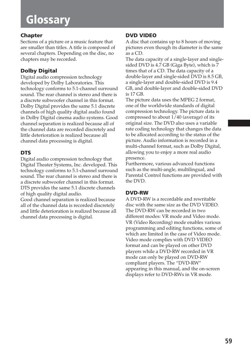 Glossary | Sony XAV-A1 User Manual | Page 59 / 184