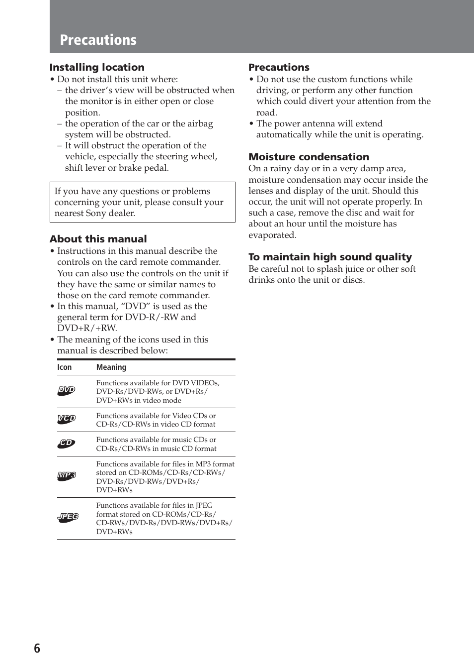 Precautions | Sony XAV-A1 User Manual | Page 6 / 184