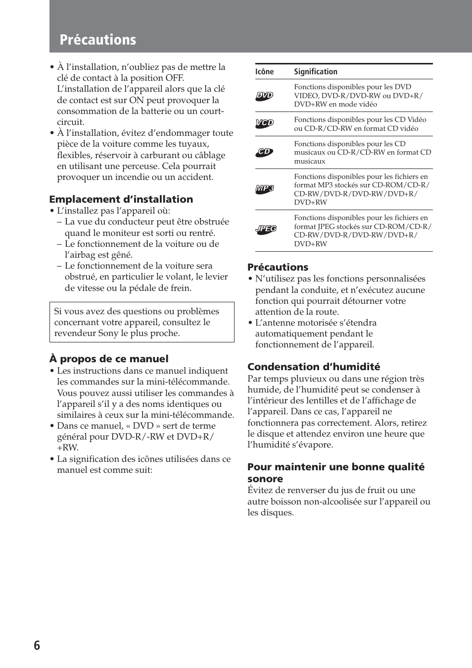Précautions | Sony XAV-A1 User Manual | Page 66 / 184