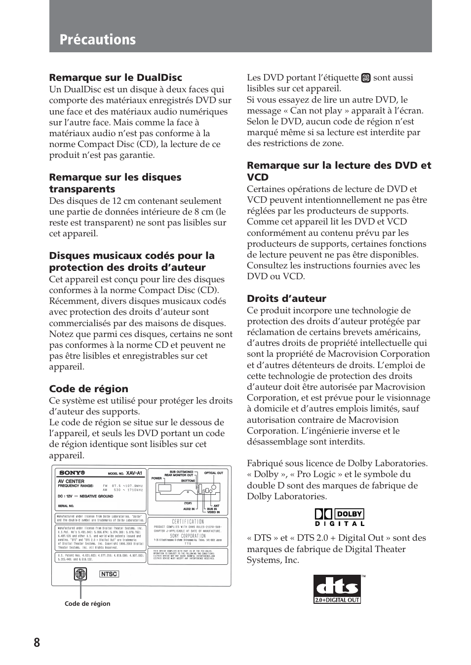 Précautions | Sony XAV-A1 User Manual | Page 68 / 184