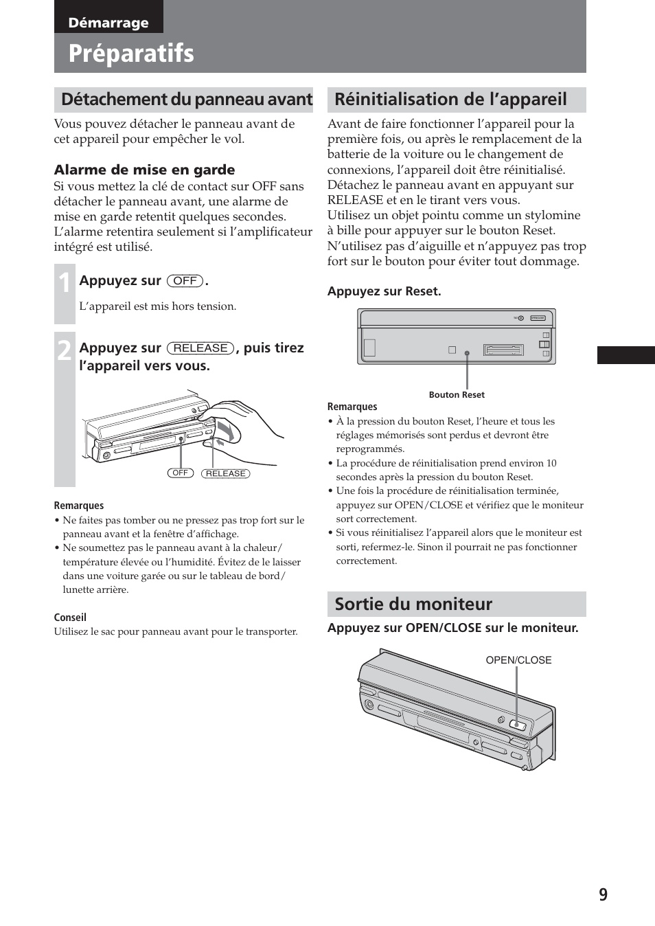 Démarrage, Préparatifs, Détachement du panneau avant | Réinitialisation de l’appareil, Sortie du moniteur | Sony XAV-A1 User Manual | Page 69 / 184