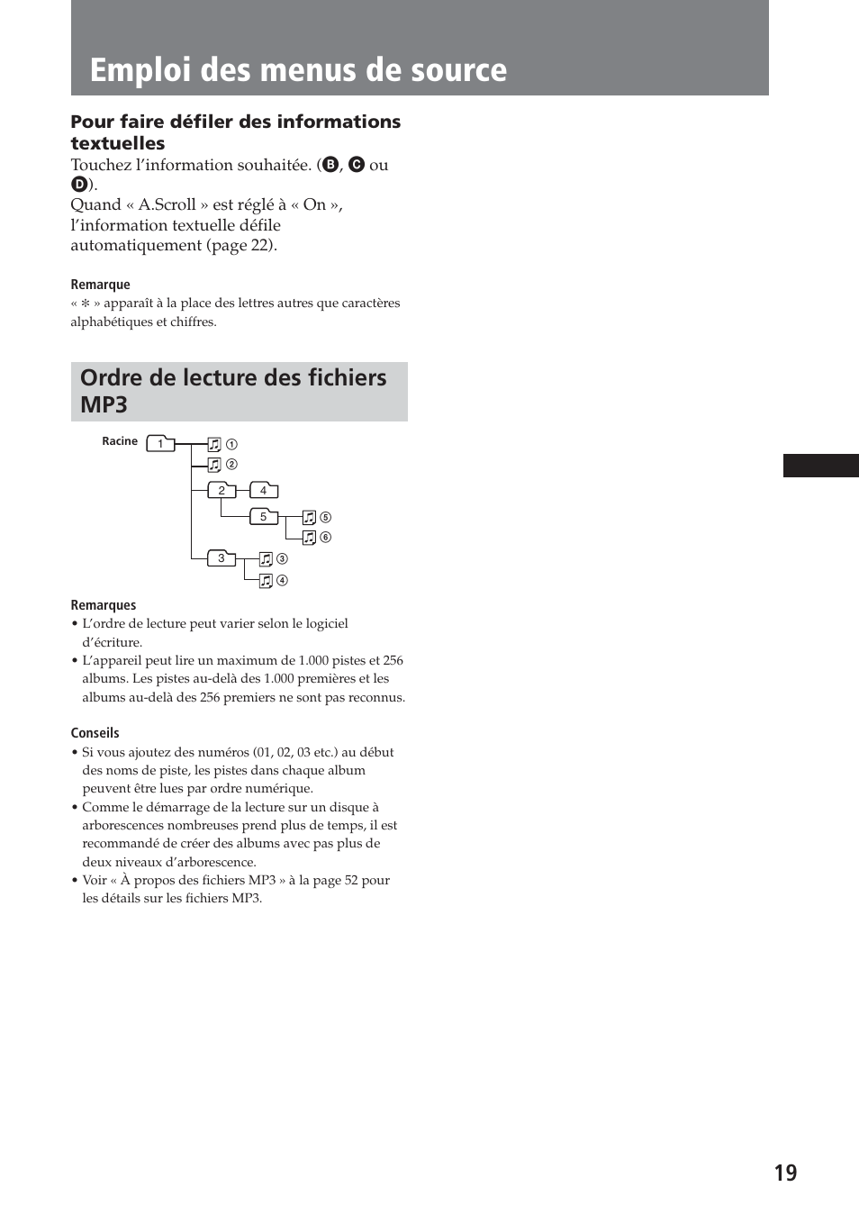 Emploi des menus de source, Ordre de lecture des fichiers mp3, Pour faire défiler des informations textuelles | Sony XAV-A1 User Manual | Page 79 / 184