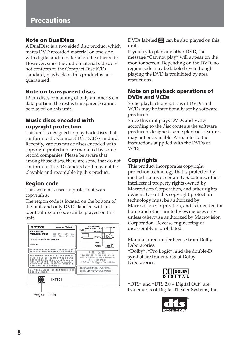Precautions | Sony XAV-A1 User Manual | Page 8 / 184