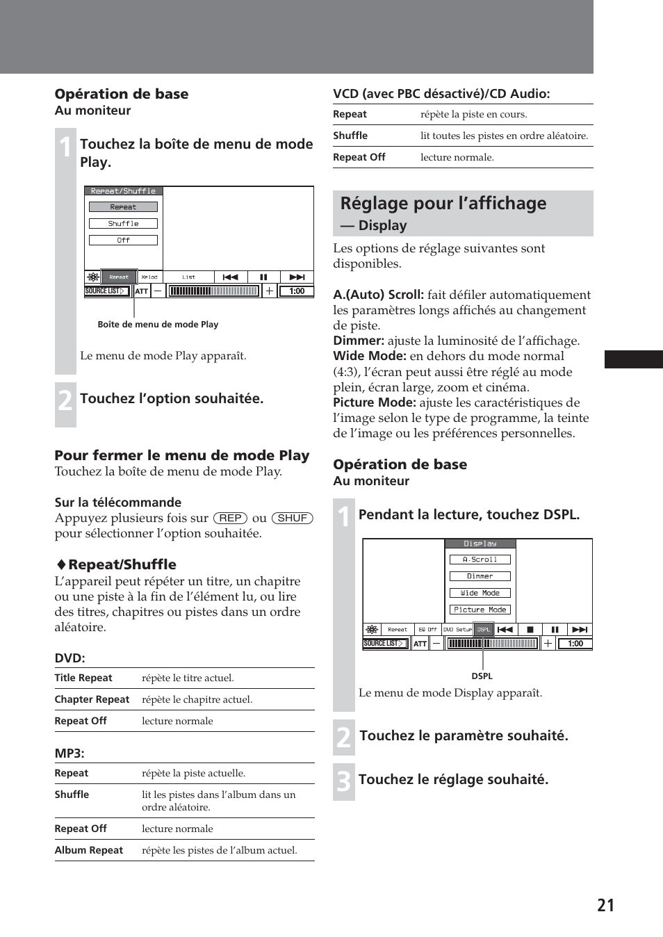 Réglage pour l’affichage — display, Réglage pour l’affichage | Sony XAV-A1 User Manual | Page 81 / 184