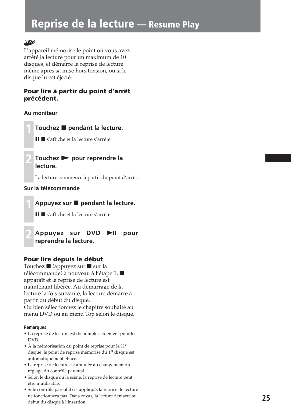 Reprise de la lecture — resume play, Reprise de la lecture, Resume play | Sony XAV-A1 User Manual | Page 85 / 184