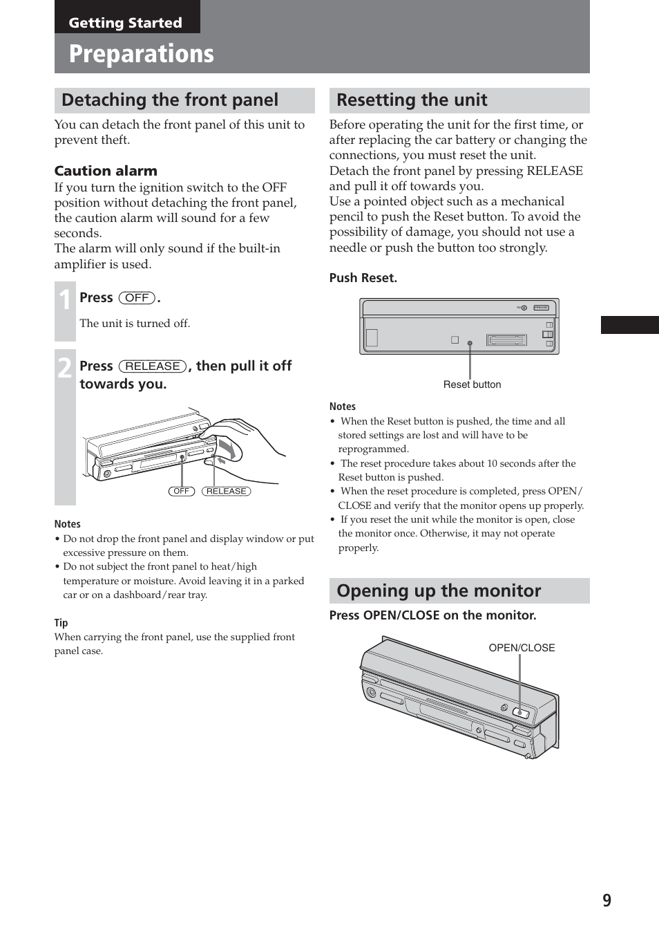 Getting started, Preparations, Detaching the front panel | Resetting the unit, Opening up the monitor | Sony XAV-A1 User Manual | Page 9 / 184