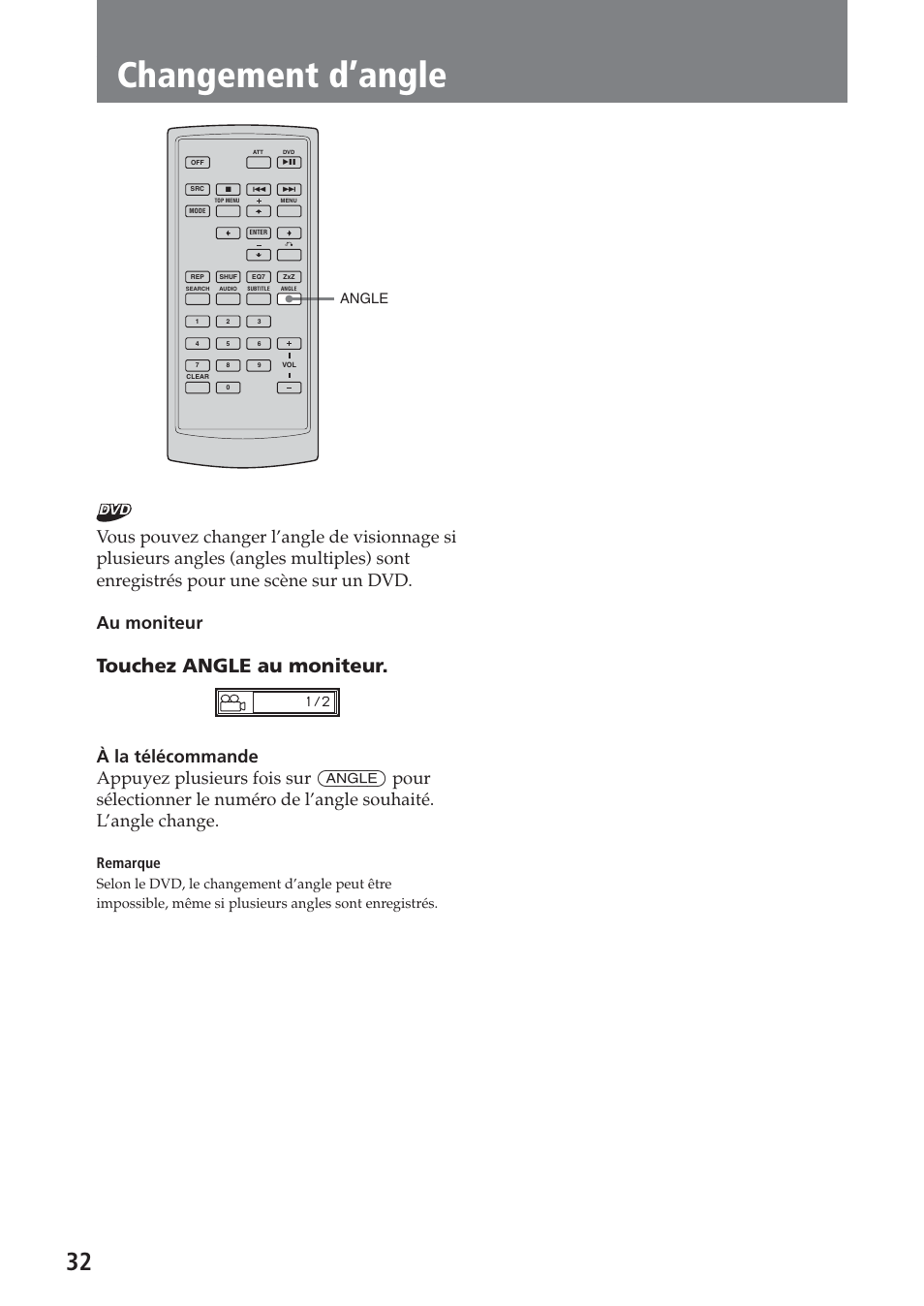 Changement d’angle, Touchez angle au moniteur, Remarque | Angle | Sony XAV-A1 User Manual | Page 92 / 184