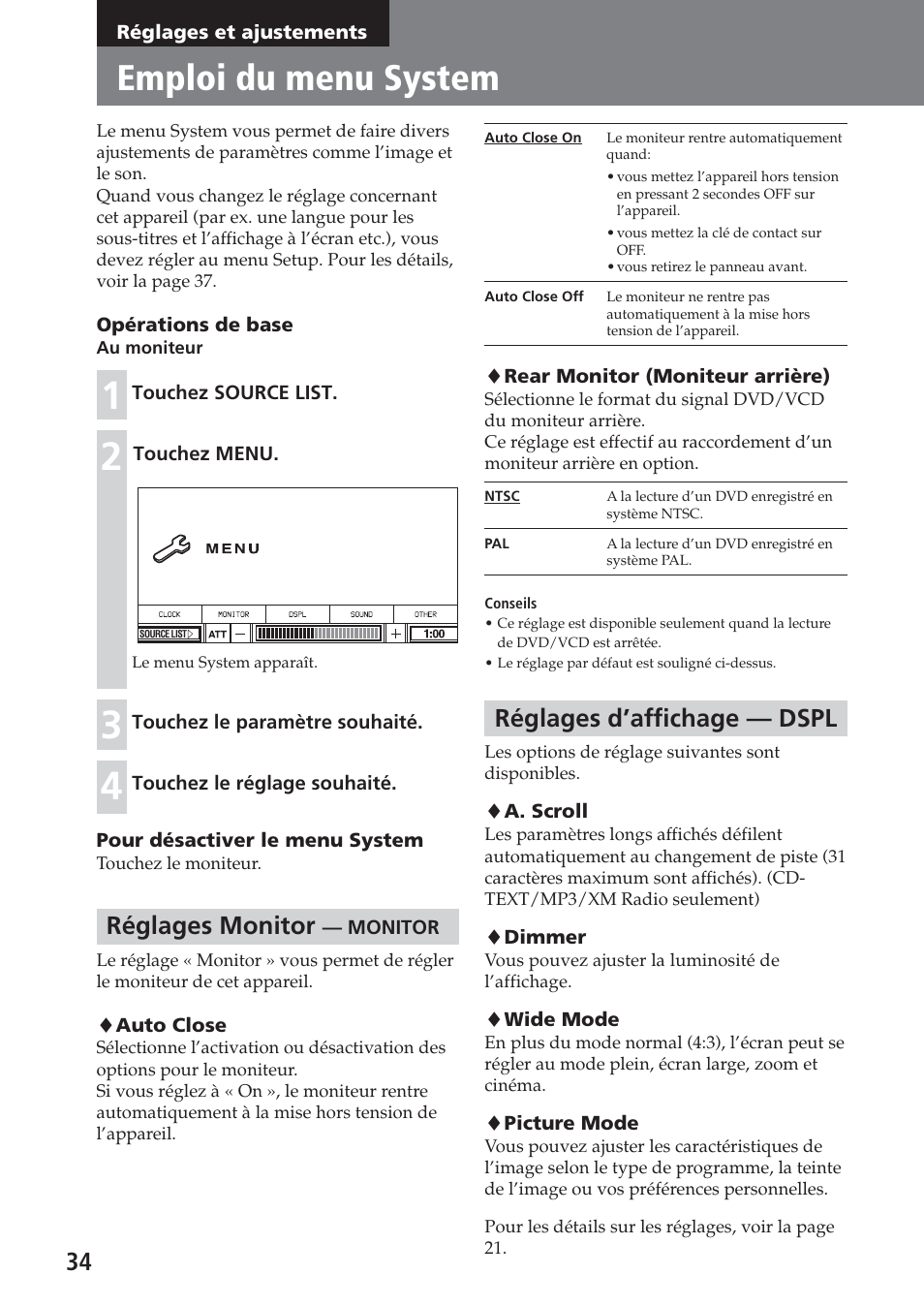 Réglages et ajustements, Emploi du menu system, Réglages monitor — monitor | Réglages d’affichage — dspl, Réglages monitor | Sony XAV-A1 User Manual | Page 94 / 184