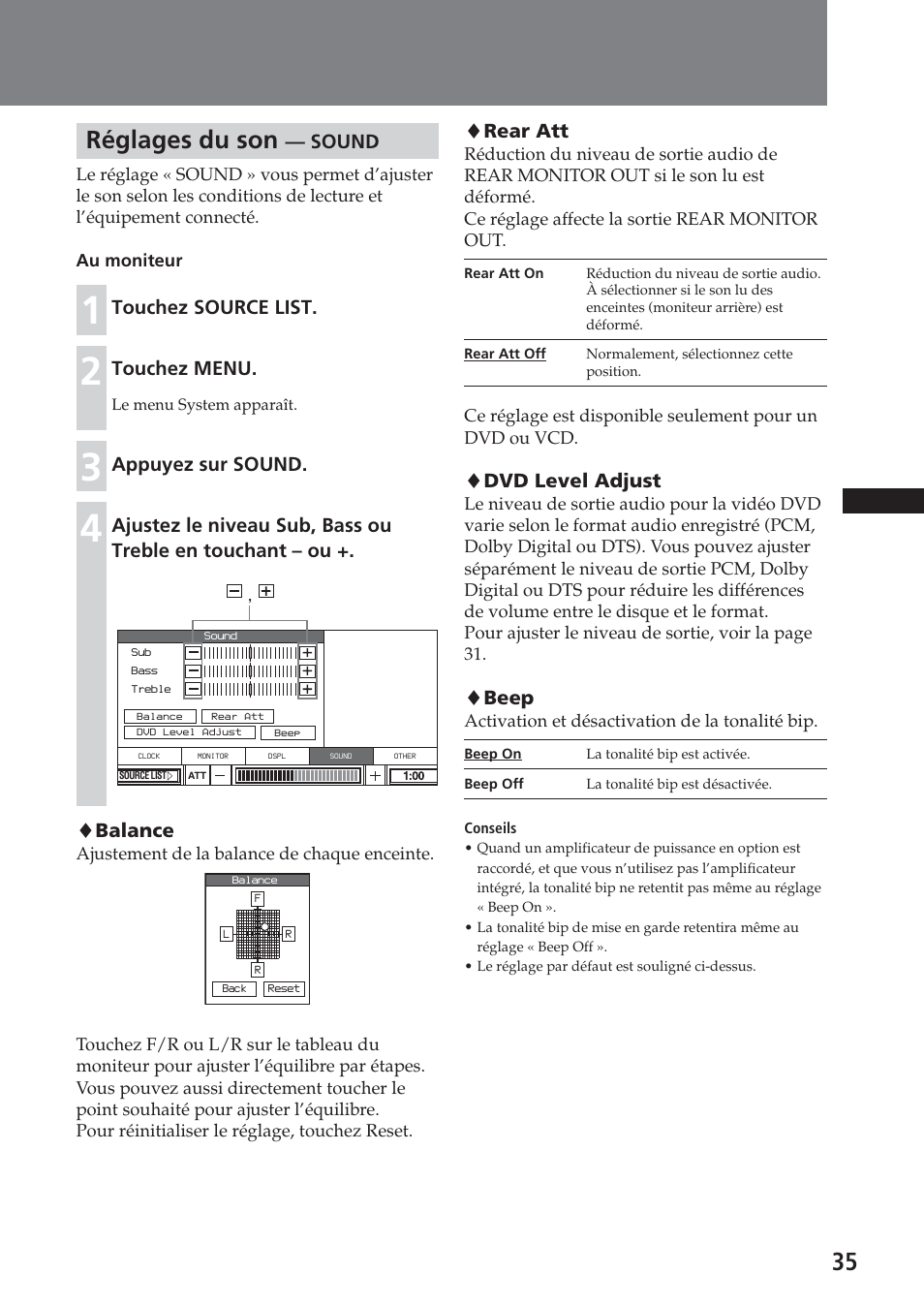 Réglages du son — sound, 35 réglages du son, Sound | Touchez source list, Touchez menu, Appuyez sur sound, Balance, Rear att, Dvd level adjust, Beep | Sony XAV-A1 User Manual | Page 95 / 184