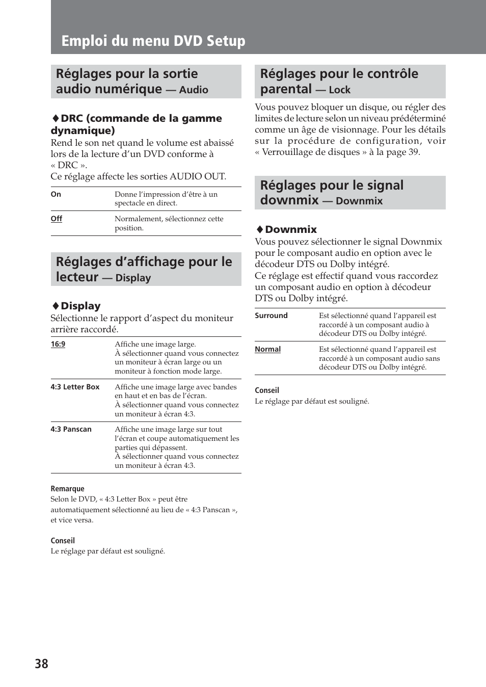 Réglages pour la sortie audio numérique — audio, Réglages d’affichage pour le lecteur — display, Réglages pour le contrôle parental — lock | Réglages pour le signal downmix — downmix, Emploi du menu dvd setup, Réglages pour la sortie audio numérique, Réglages d’affichage pour le lecteur, Réglages pour le contrôle parental, Réglages pour le signal downmix | Sony XAV-A1 User Manual | Page 98 / 184