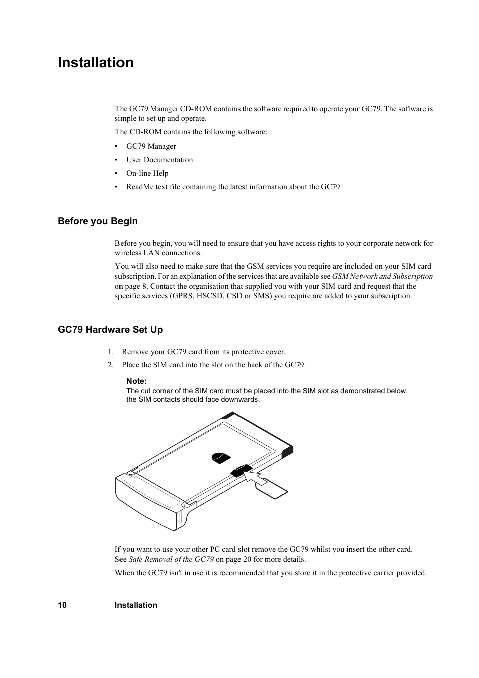 Installation, Before you begin, Gc79 hardware set up | Before you begin gc79 hardware set up | Sony GC79 User Manual | Page 10 / 86