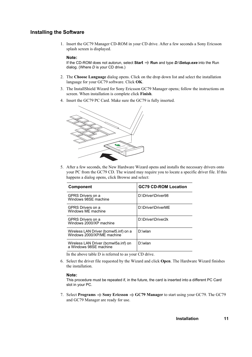 Installing the software | Sony GC79 User Manual | Page 11 / 86