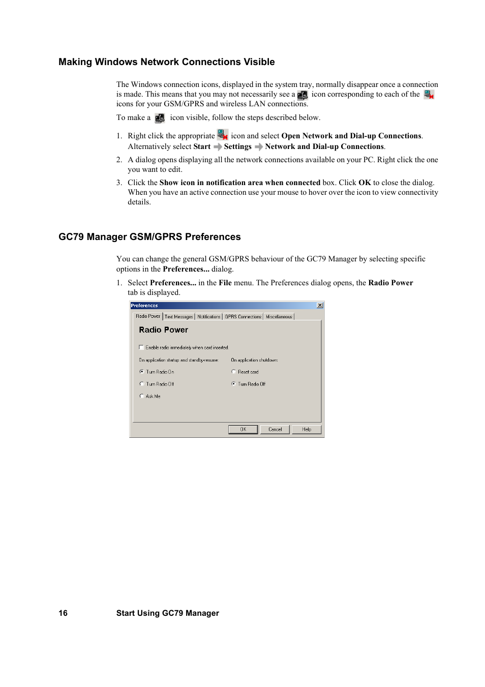 Making windows network connections visible, Gc79 manager gsm/gprs preferences | Sony GC79 User Manual | Page 16 / 86