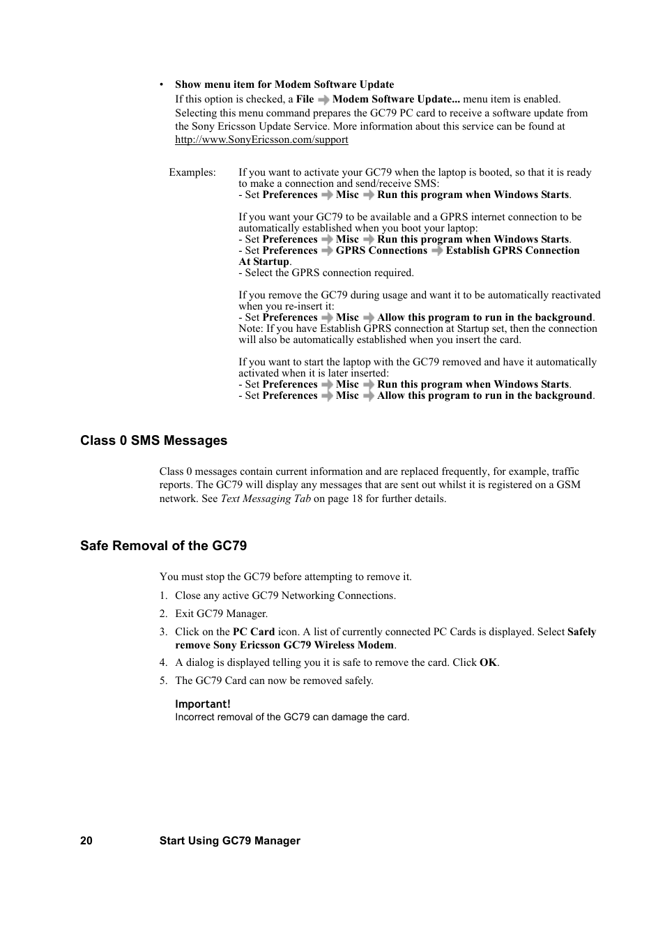 Class 0 sms messages, Safe removal of the gc79, Class 0 sms messages safe removal of the gc79 | Sony GC79 User Manual | Page 20 / 86