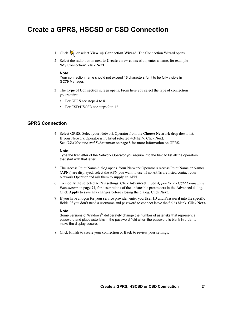 Create a gprs, hscsd or csd connection, Gprs connection | Sony GC79 User Manual | Page 21 / 86