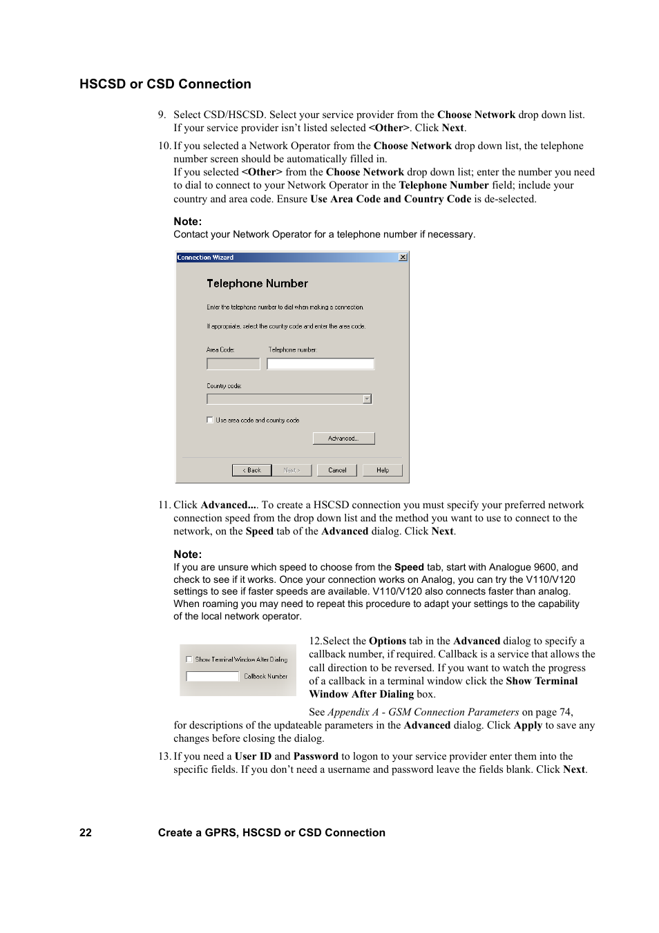 Hscsd or csd connection | Sony GC79 User Manual | Page 22 / 86