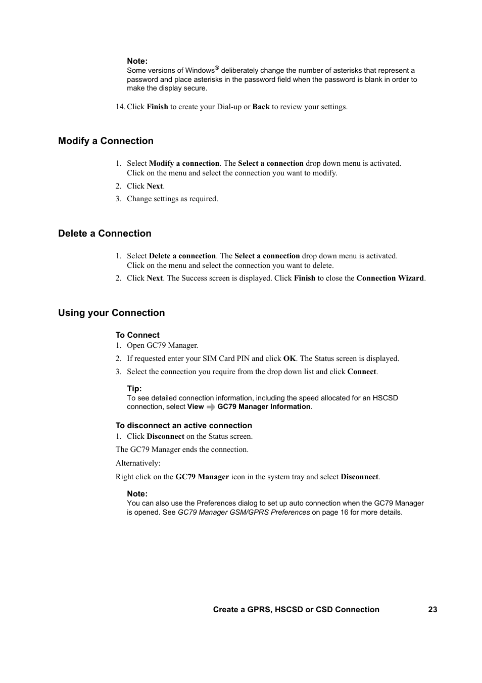 Modify a connection, Delete a connection, Using your connection | Sony GC79 User Manual | Page 23 / 86