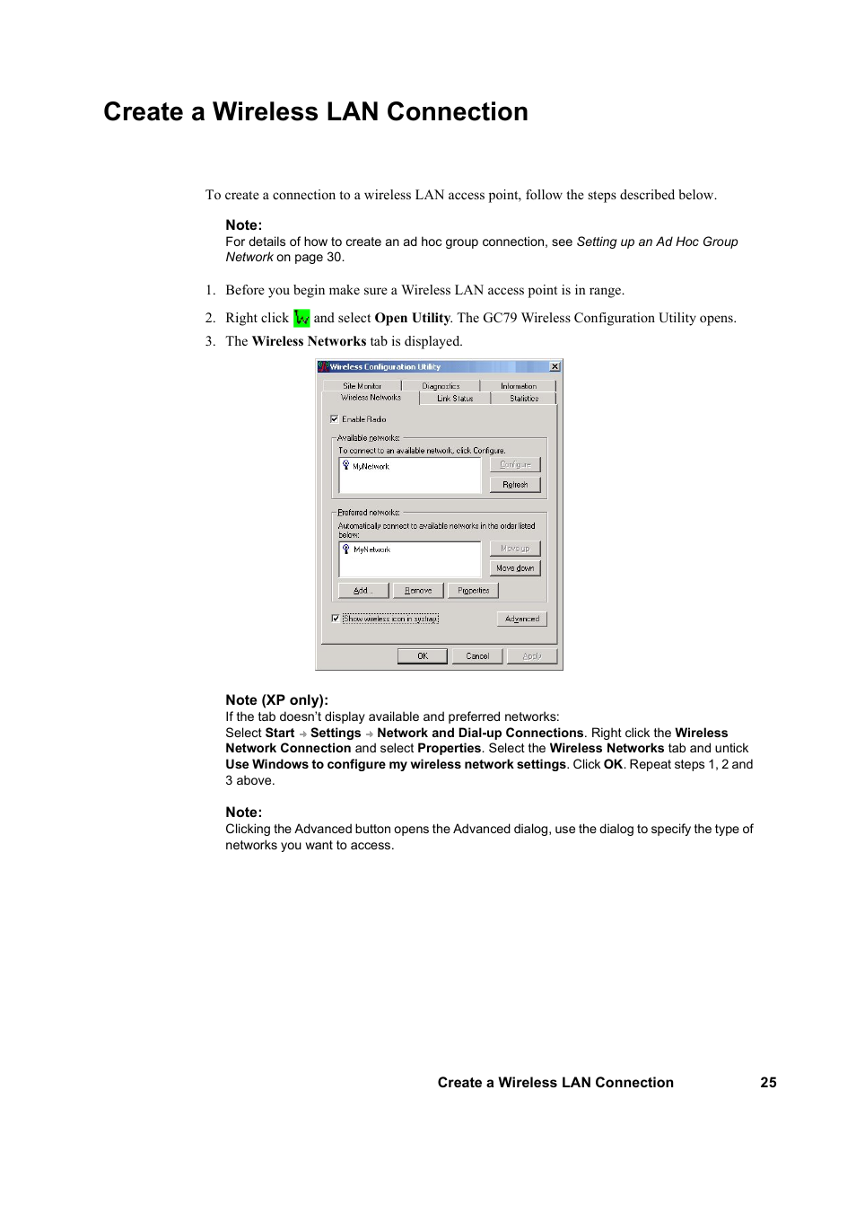 Create a wireless lan connection | Sony GC79 User Manual | Page 25 / 86