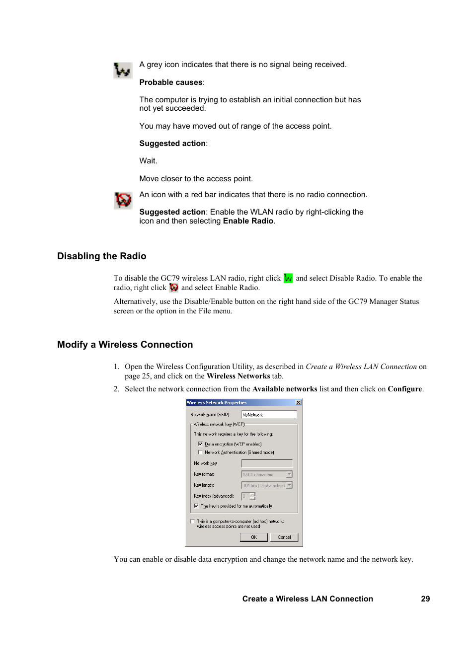 Disabling the radio, Modify a wireless connection, Disabling the radio modify a wireless connection | Sony GC79 User Manual | Page 29 / 86