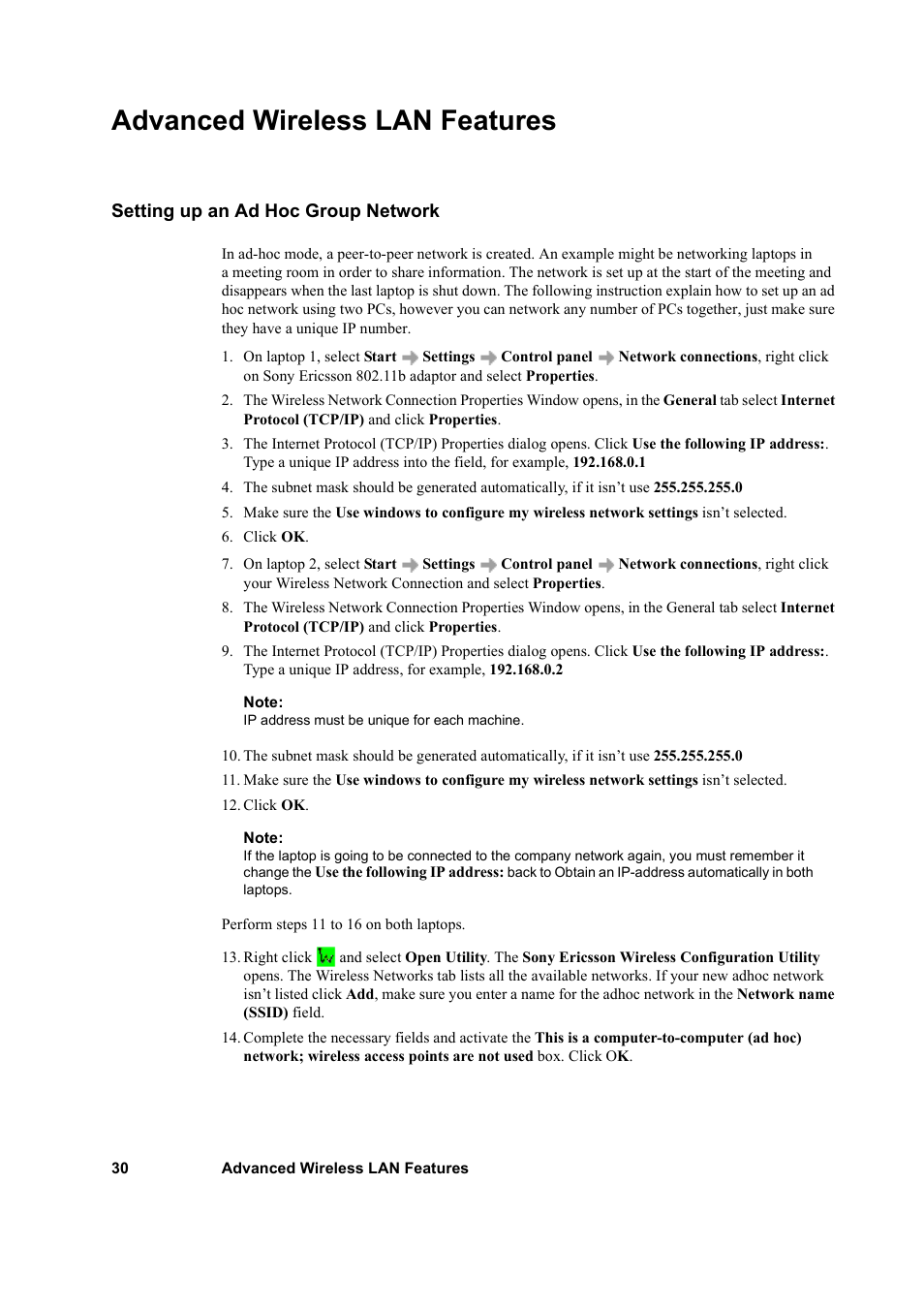 Advanced wireless lan features, Setting up an ad hoc group network | Sony GC79 User Manual | Page 30 / 86