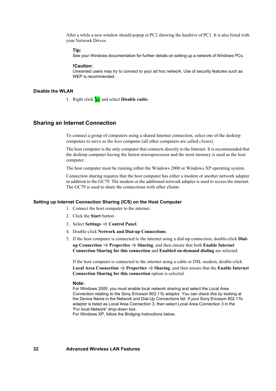 Sharing an internet connection | Sony GC79 User Manual | Page 32 / 86