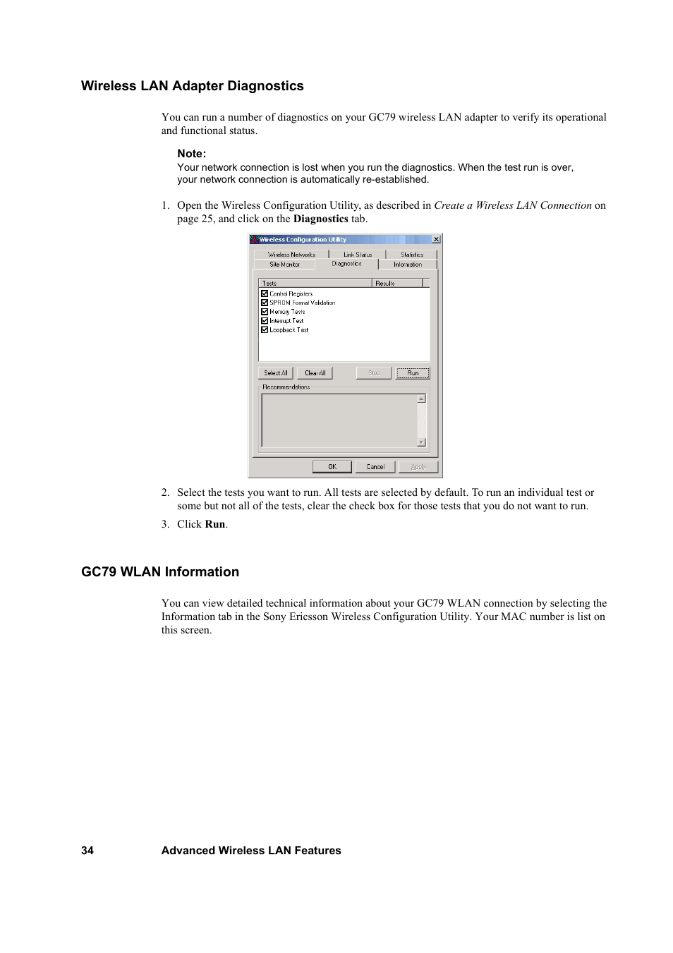 Wireless lan adapter diagnostics, Gc79 wlan information | Sony GC79 User Manual | Page 34 / 86