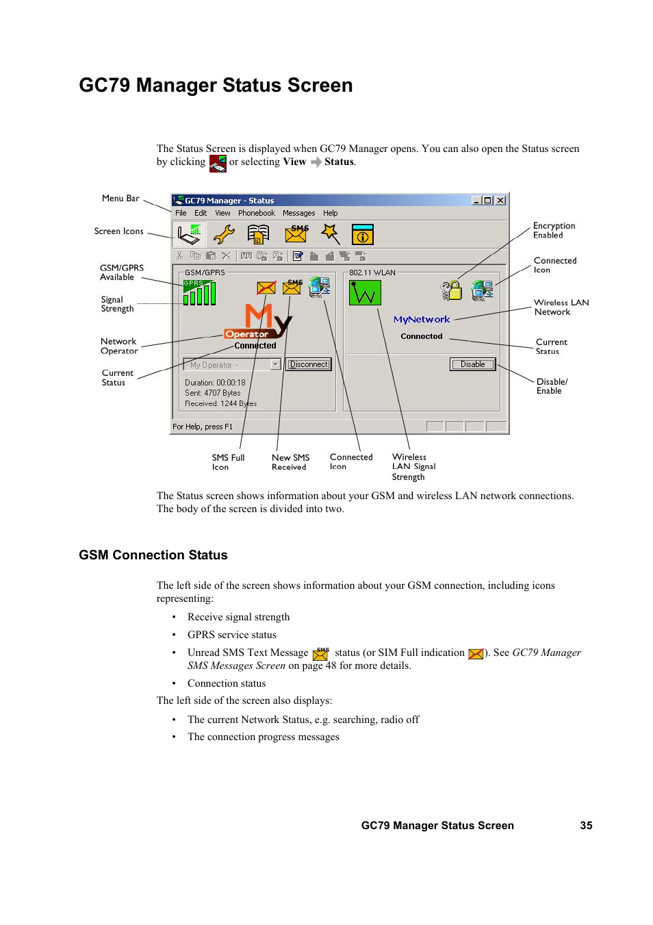 Gc79 manager status screen, Gsm connection status | Sony GC79 User Manual | Page 35 / 86