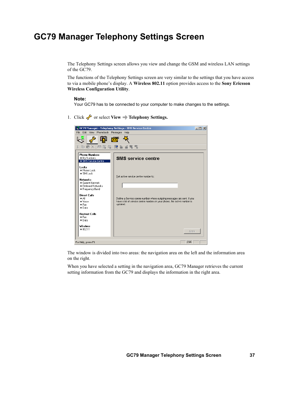 Gc79 manager telephony settings screen | Sony GC79 User Manual | Page 37 / 86