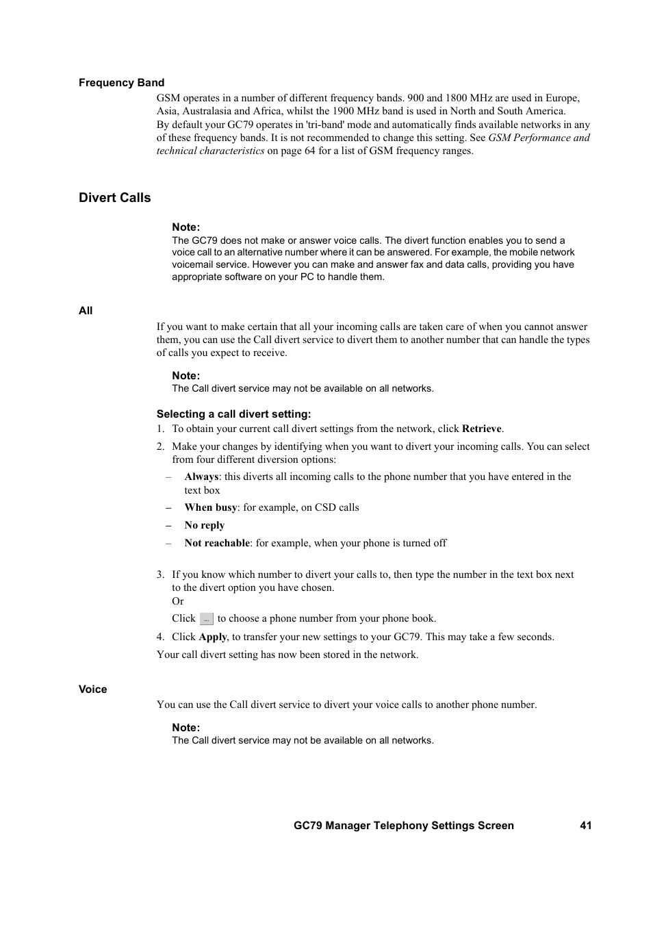 Divert calls | Sony GC79 User Manual | Page 41 / 86