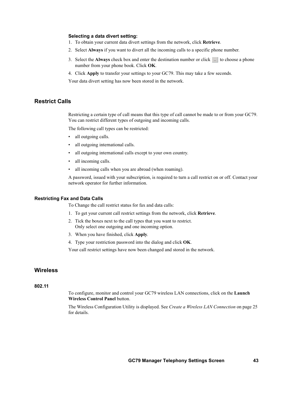 Restrict calls, Wireless, Restrict calls wireless | Sony GC79 User Manual | Page 43 / 86