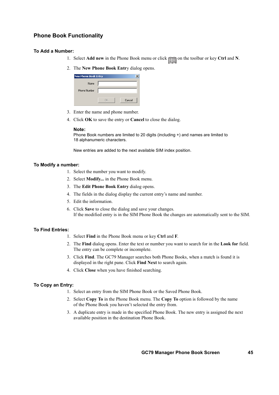 Phone book functionality | Sony GC79 User Manual | Page 45 / 86