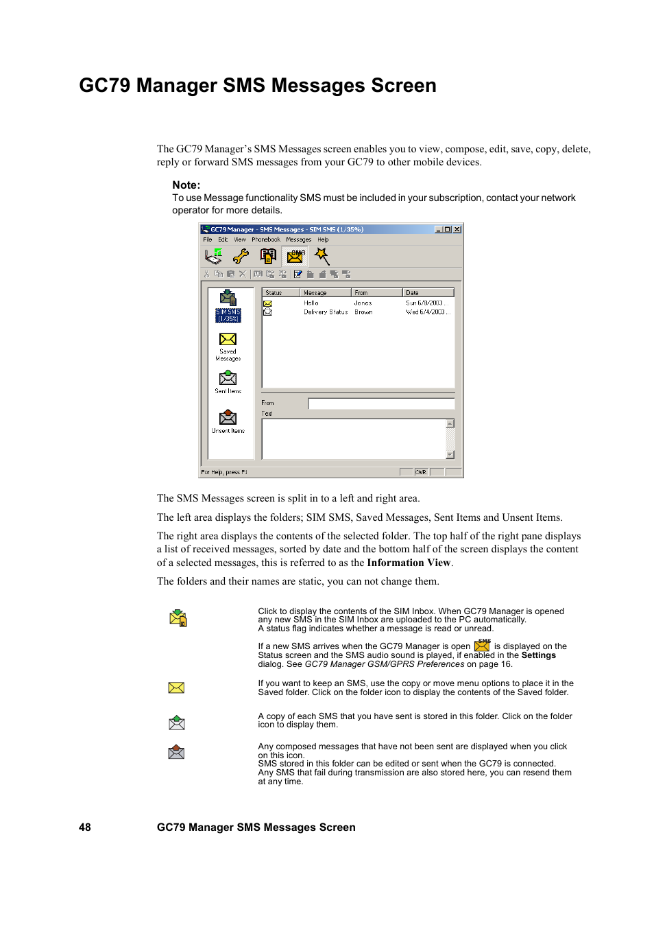 Gc79 manager sms messages screen | Sony GC79 User Manual | Page 48 / 86