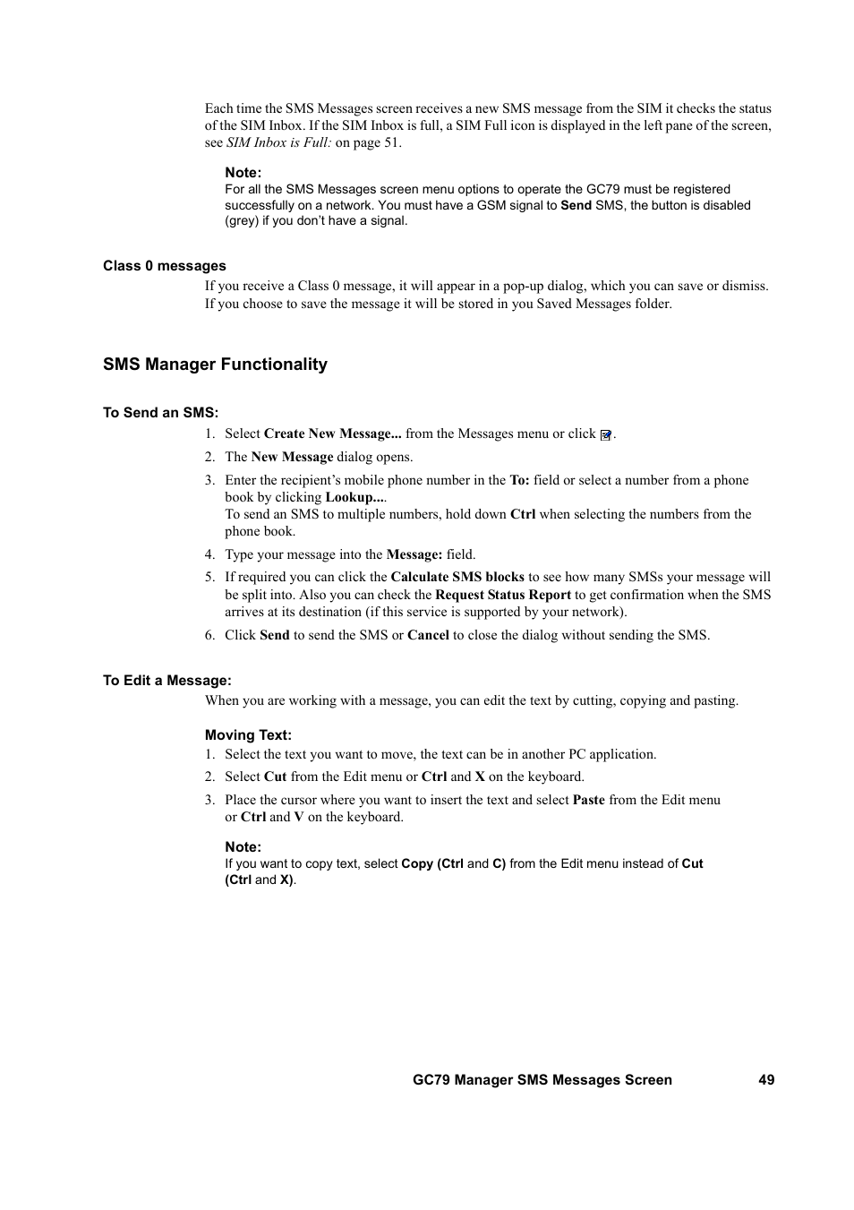 Sms manager functionality | Sony GC79 User Manual | Page 49 / 86