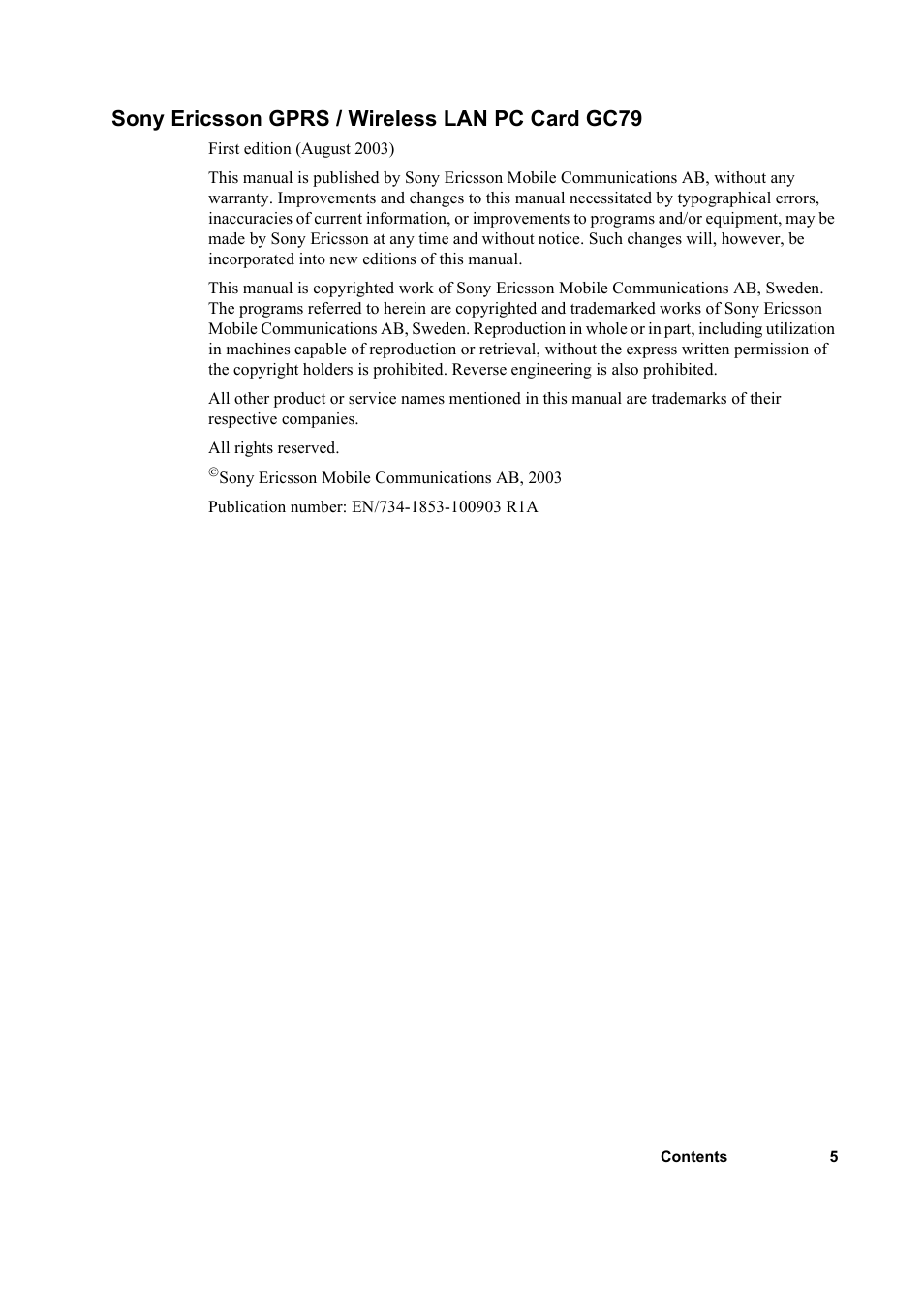 Sony ericsson gprs / wireless lan pc card gc79 | Sony GC79 User Manual | Page 5 / 86