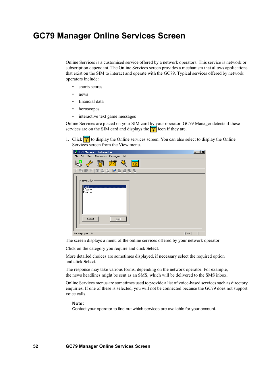 Gc79 manager online services screen | Sony GC79 User Manual | Page 52 / 86